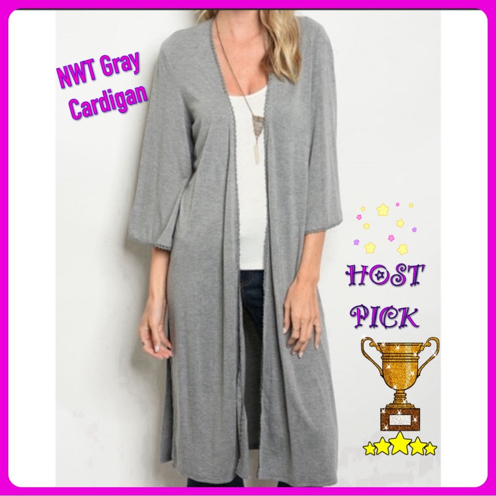 Gray 3/4 Sleeve Crochet Trim Soft Jersey Cardigan